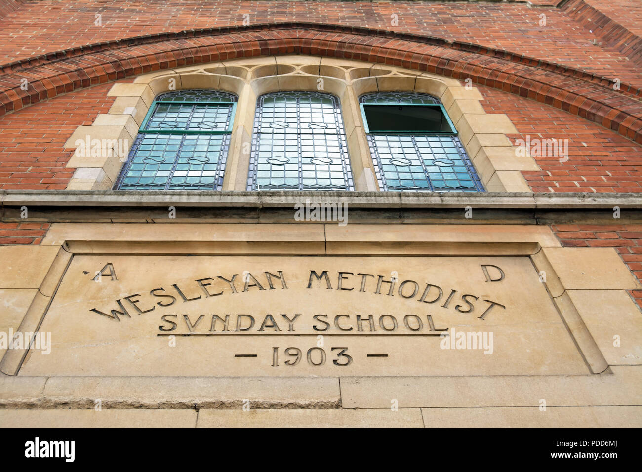 wall plaque marking the 1903 wesleyan methodist sunday school, chelsea, london, england Stock Photo