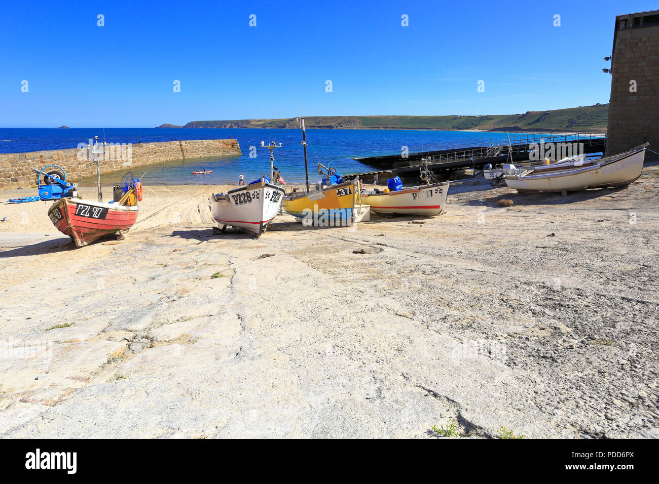 Fishing boats on the slipway in the harbour at Sennen Cove, Cornwall ...