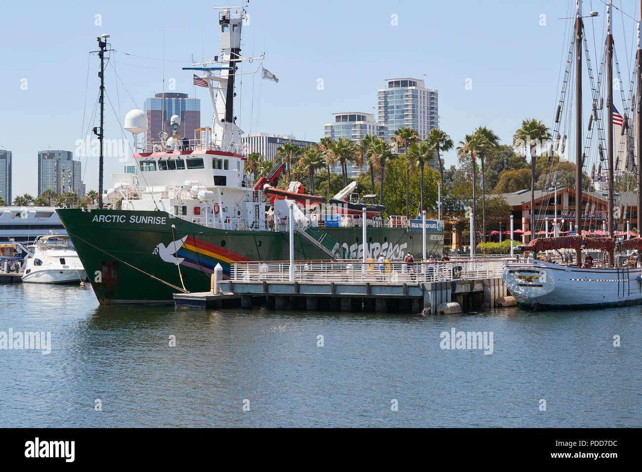 Greenpeace Ship, MV Arctic Sunrise, Moored In Rainbow Harbor, Long Beach, California, USA. 7 August 2018. Stock Photo