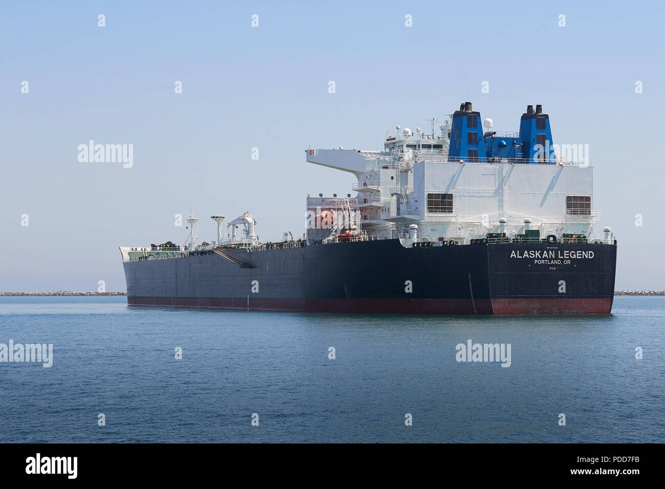 Rear View Of The Giant Supertanker (Crude Oil Tanker), ALASKAN LEGEND, At Anchor In The Port Of Long Beach, California, USA. Stock Photo