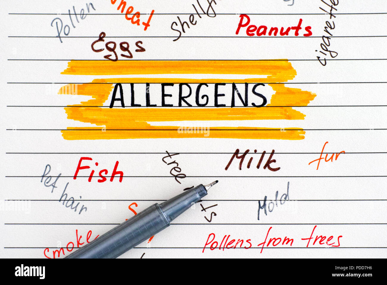 Different allergens written on lined paper and pen. Close-up. Stock Photo
