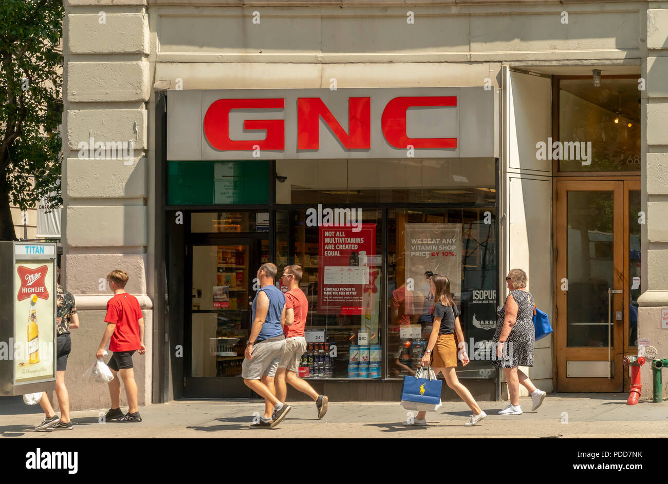 A GNC store in the Noho neighborhood of New York on Saturday, July 28, 2018. GNC recently released second-quarter earnings that missed analysts' expectations. (© Richard B. Levine) Stock Photo