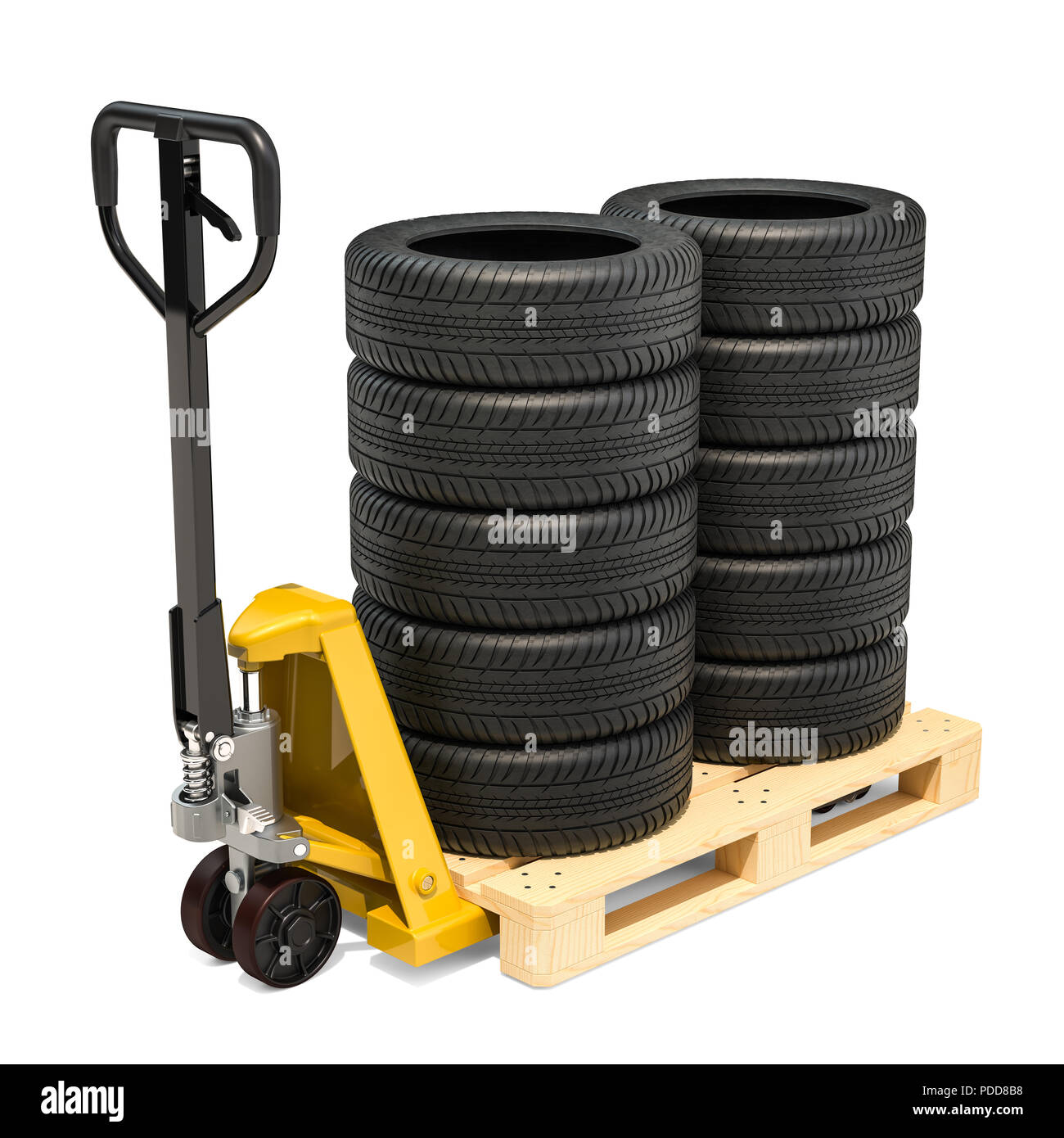 Pallet truck with car tires. 3D rendering isolated on white background Stock Photo