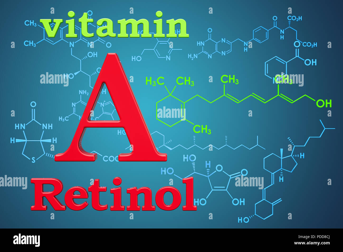 Vitamin A, retinol. Chemical formula, molecular structure. 3D rendering Stock Photo