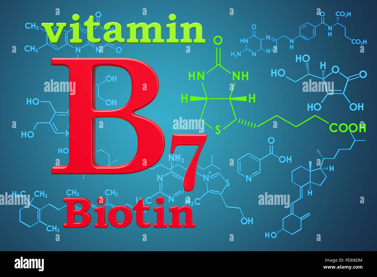 Vitamin B7, biotin. Chemical formula, molecular structure. 3D rendering