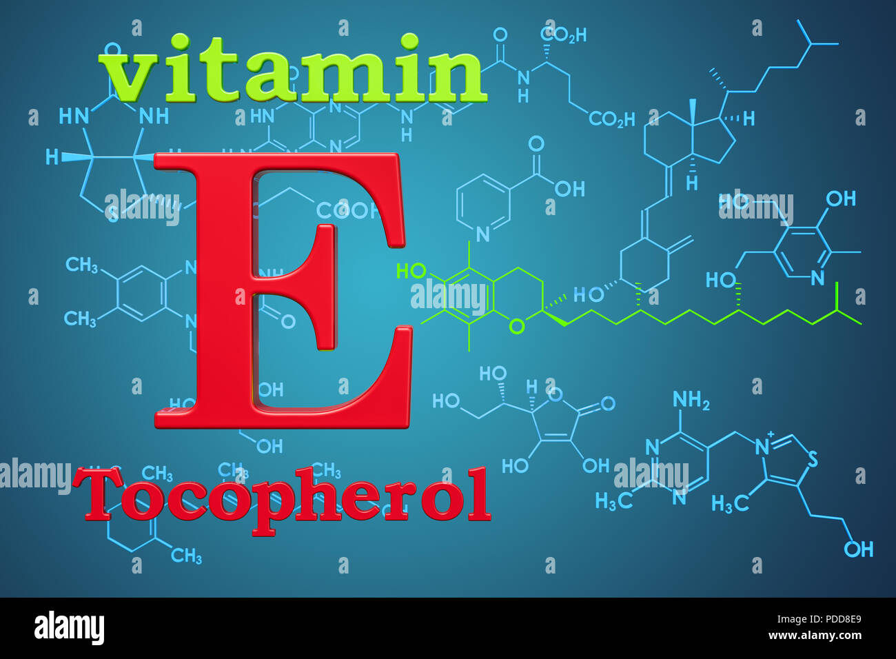 Vitamin E, tocopherols. Chemical formula, molecular structure. 3D