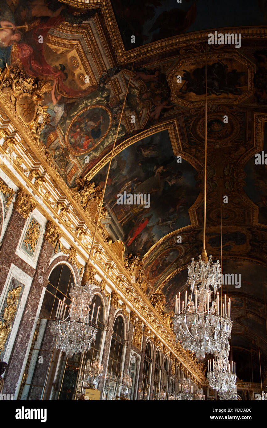 Hall Of Mirrors Ceiling With Candelabra Inside The Palace Of