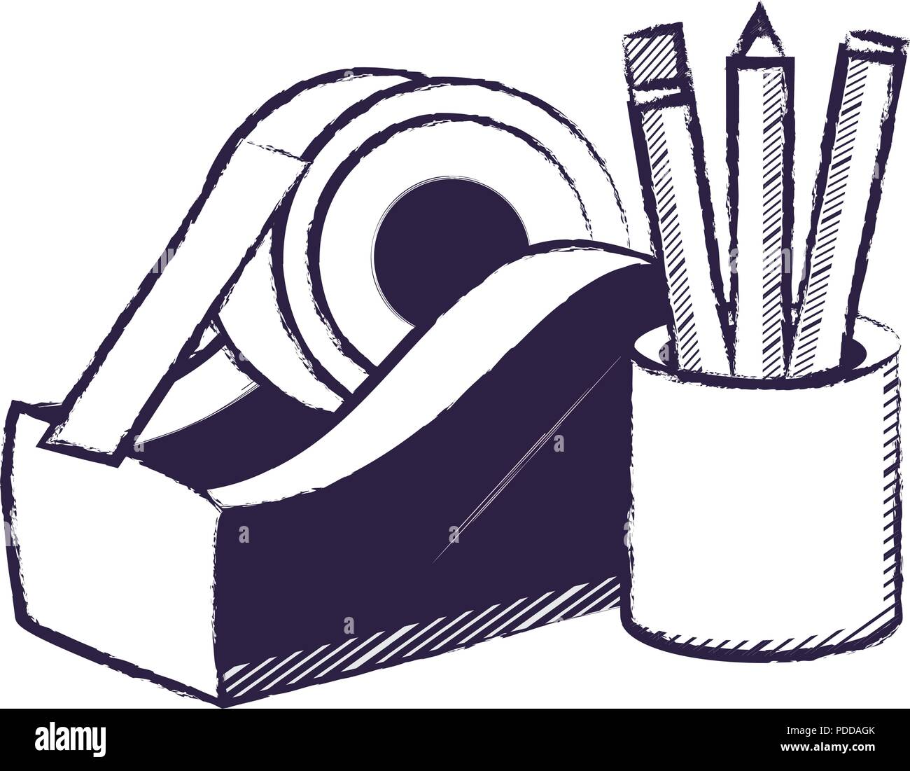 holder cup with pencils and tape dispenser icon over white background