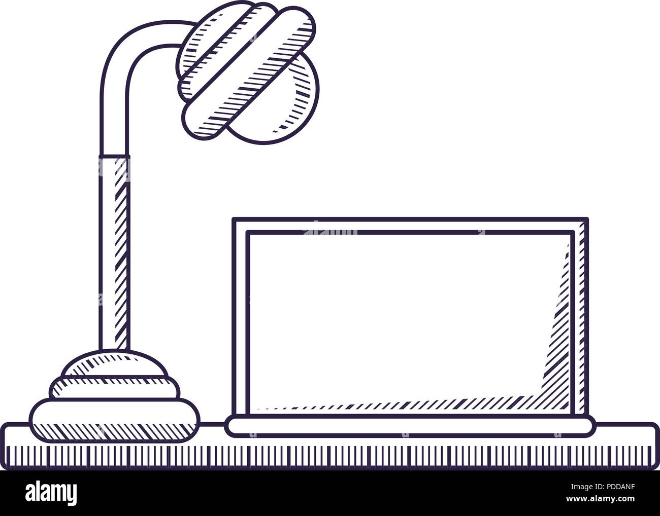 laptop computer and desk lamp over white background, vector