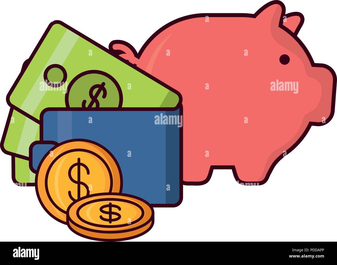 piggy bank and wallet with money over white background, vector ...