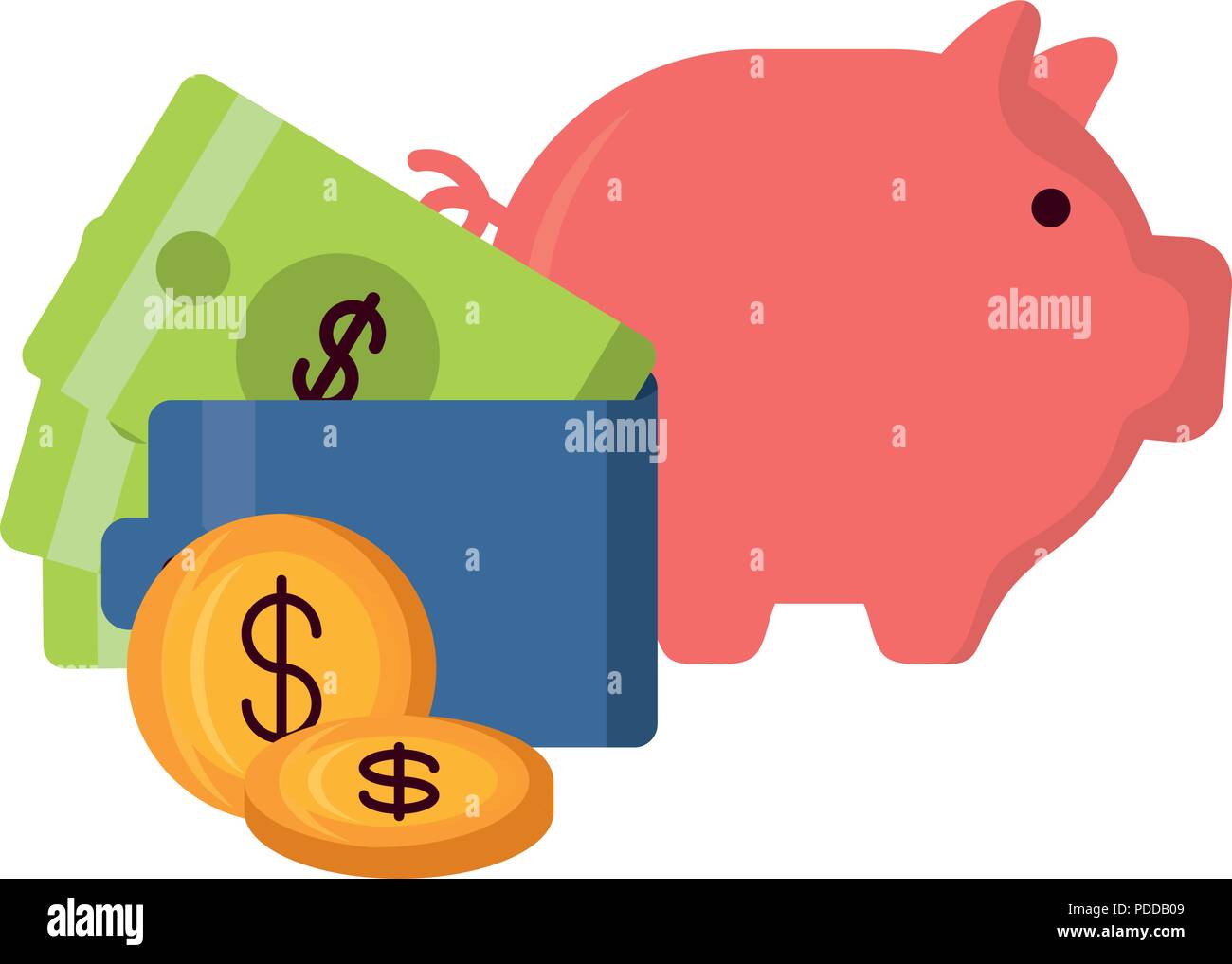 piggy bank and wallet with money over white background, vector ...