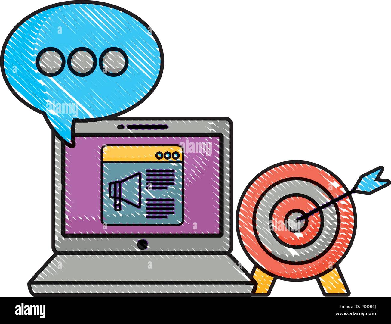 laptop computer with target and speech bubble over white background
