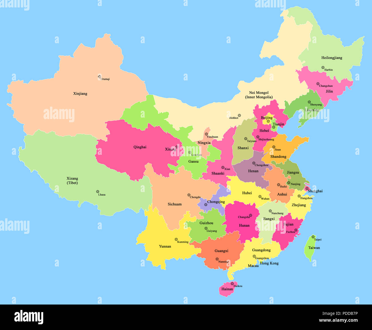 Map of China with the national flag, showing the provinces, autonomous regions, municipalities, and capitals with a clipping path , isolated on a whit Stock Photo
