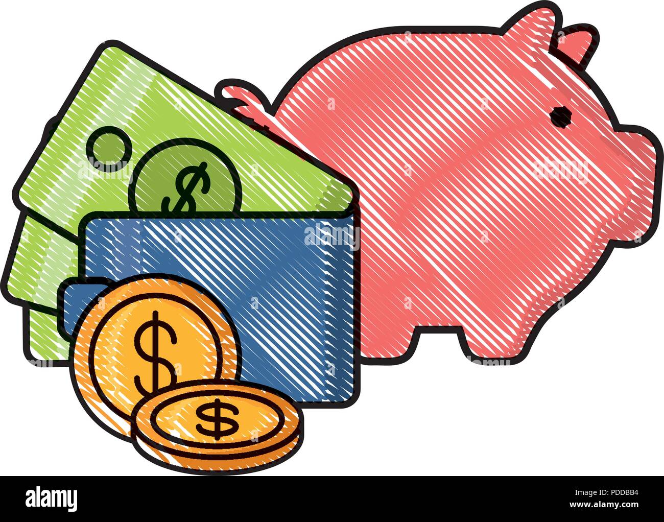 piggy bank and wallet with money over white background, vector ...
