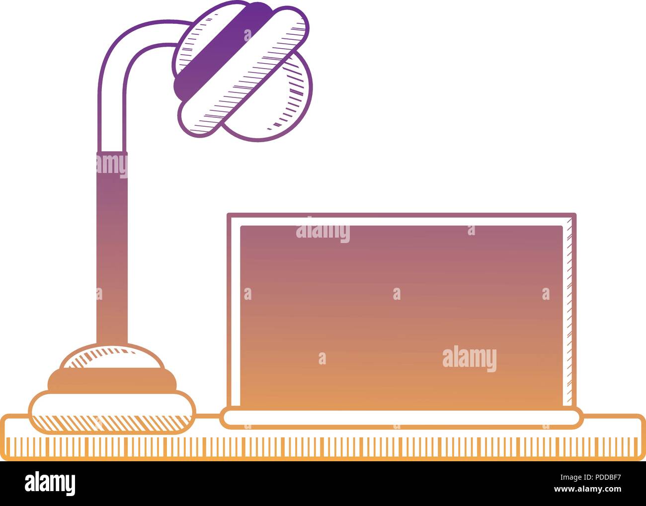 laptop computer and desk lamp over white background, vector