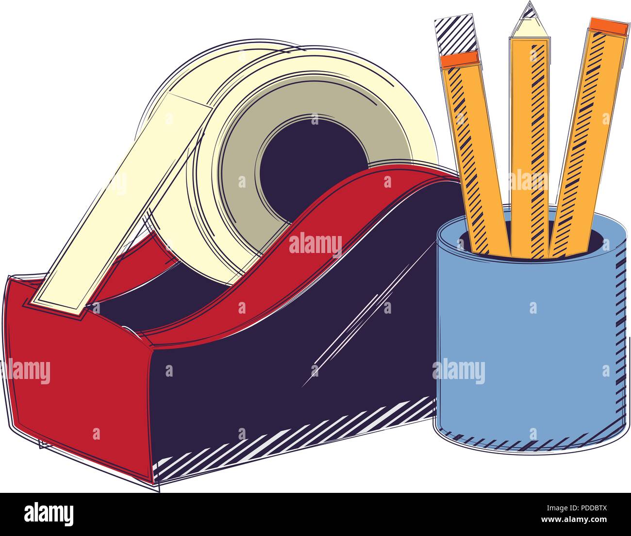 holder cup with pencils and tape dispenser icon over white background