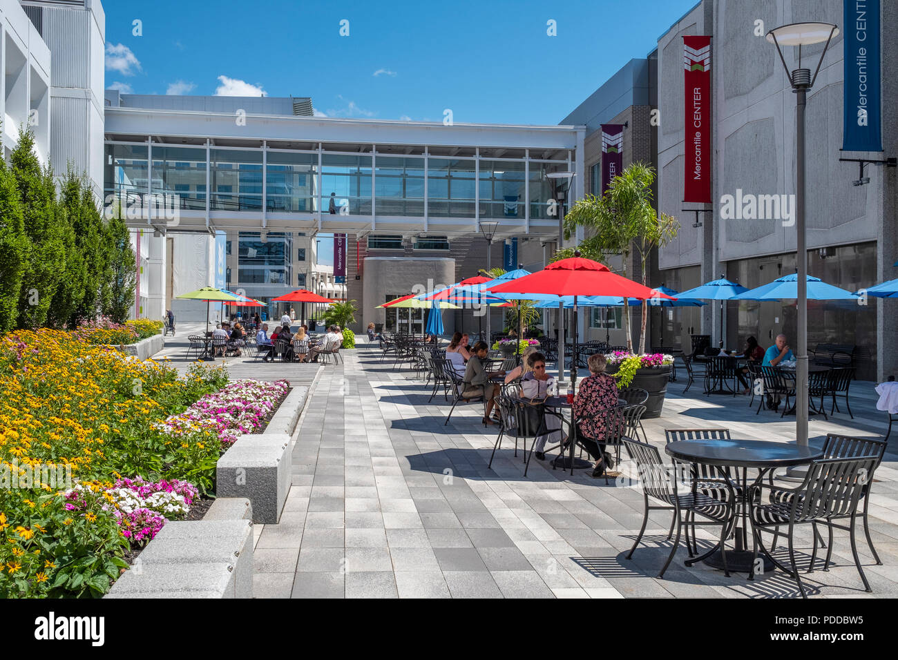 The outdoor patio at the Mercantile Center in Worcester, MA Stock Photo