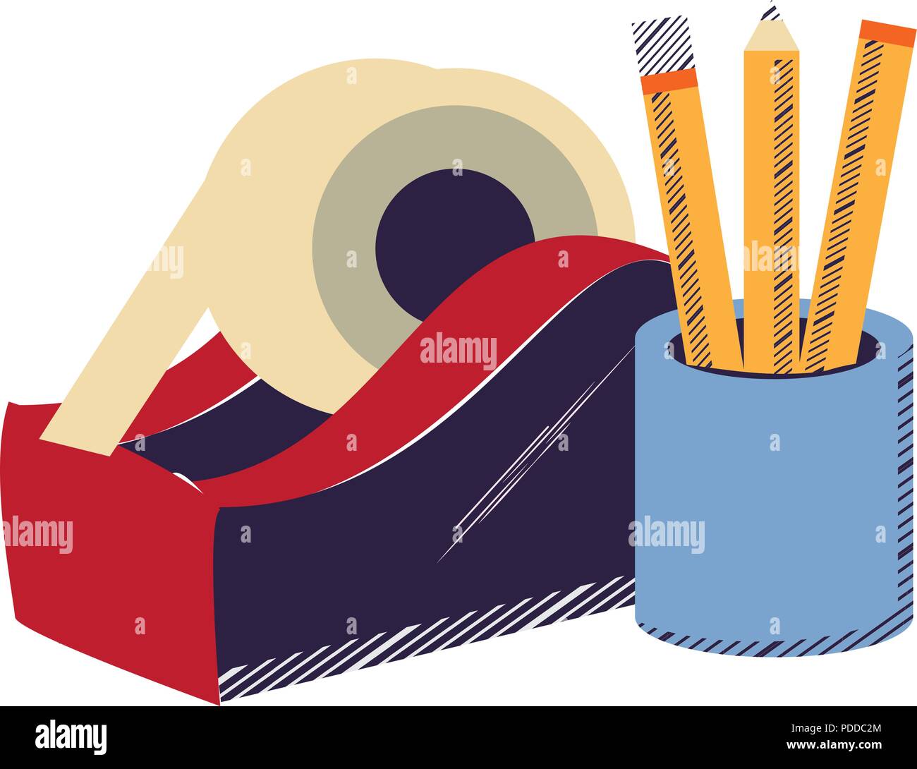 holder cup with pencils and tape dispenser icon over white background