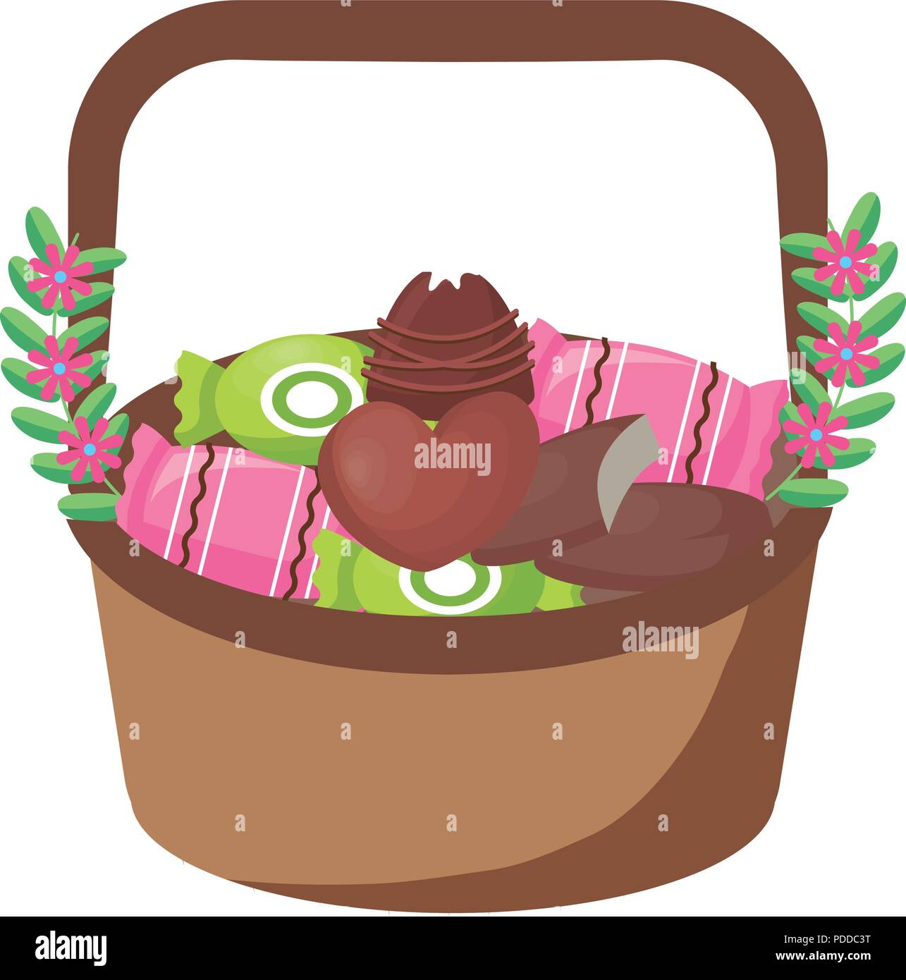 basket with chocolate candies and flowers over white background, vector