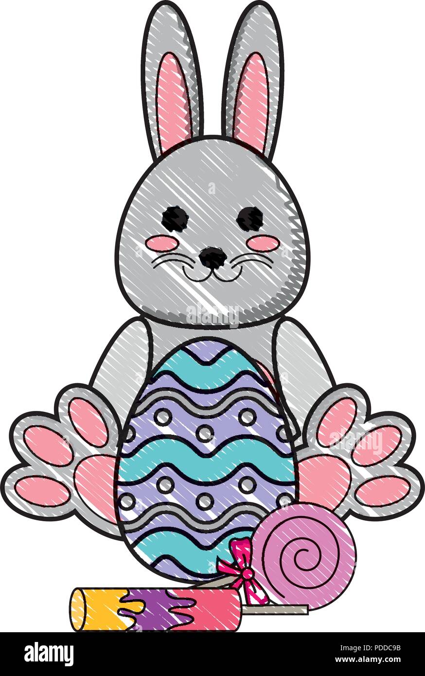 cute rabbit with easter egg and candies over white background, vector ...