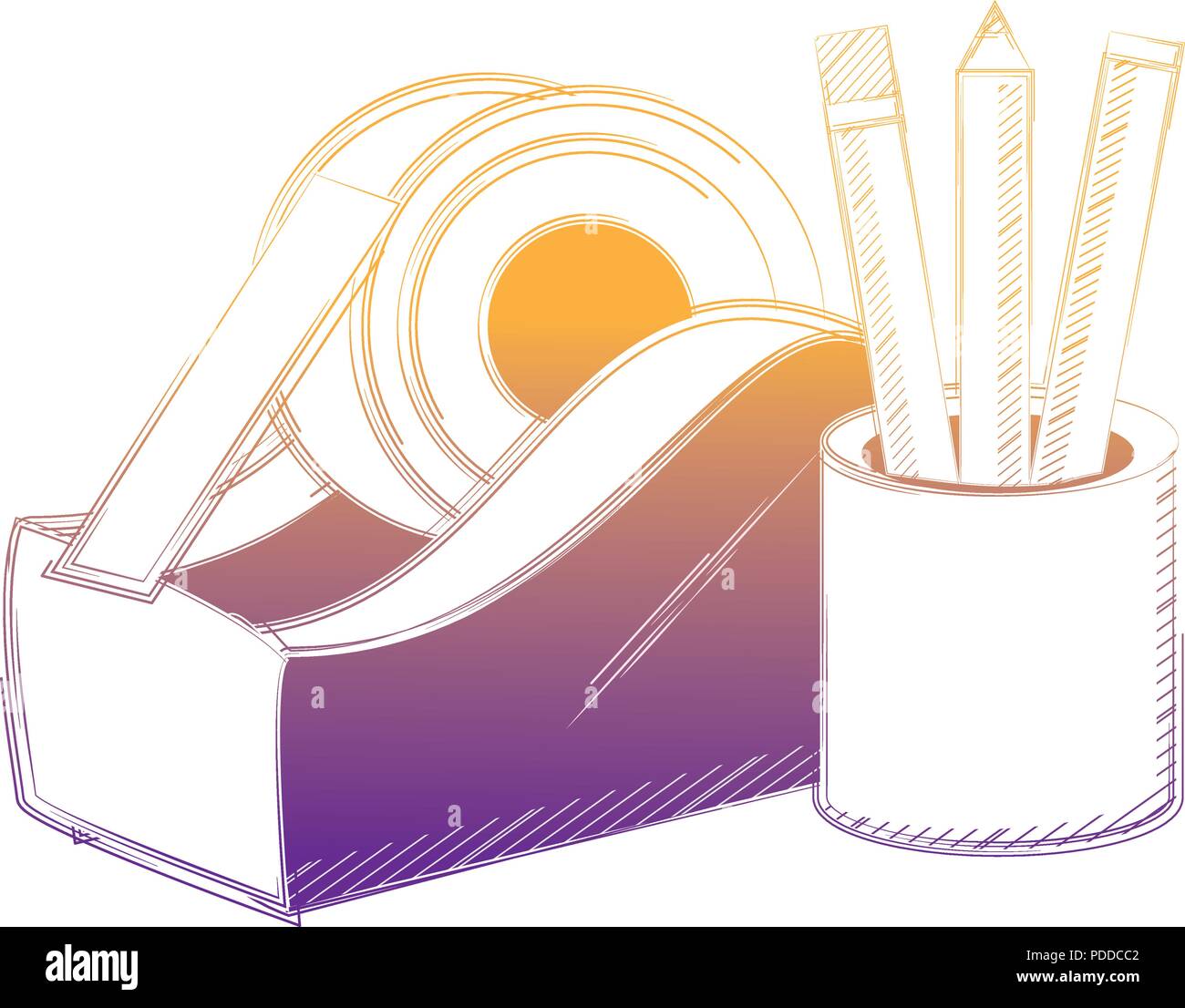 holder cup with pencils and tape dispenser icon over white background