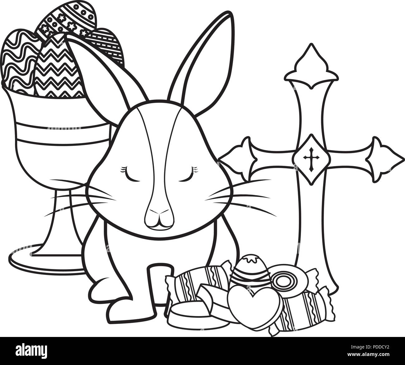 Holy Rabbit Art religious cross with cute rabbit and holy grail with candies over white ...