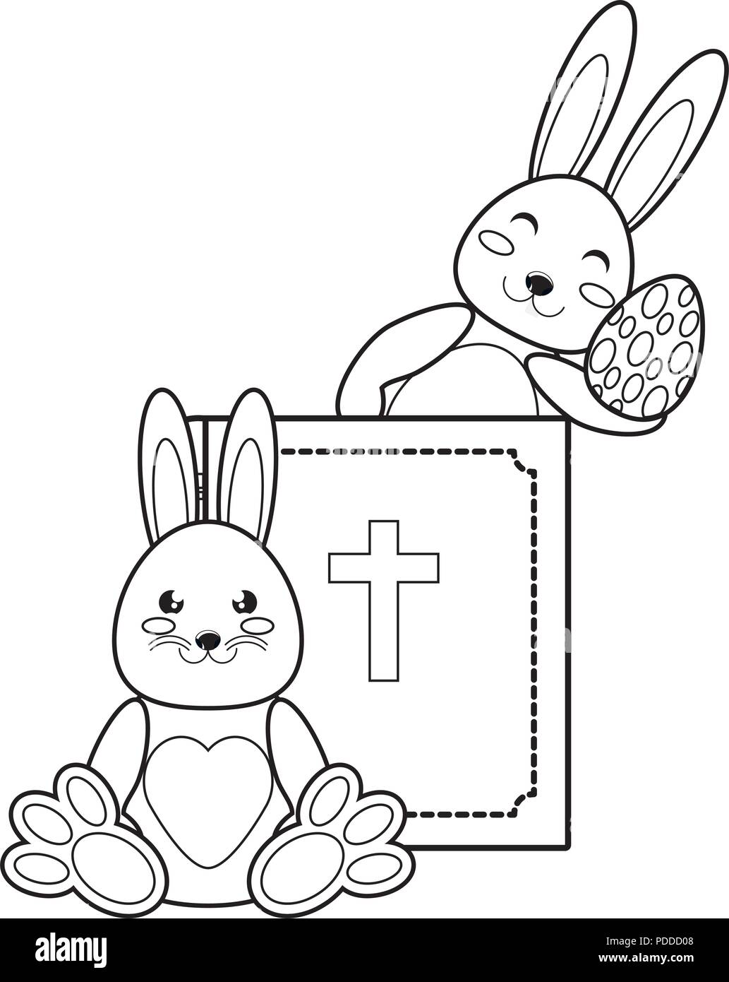 holy bible and cute rabbits with easter eggs over white background ...
