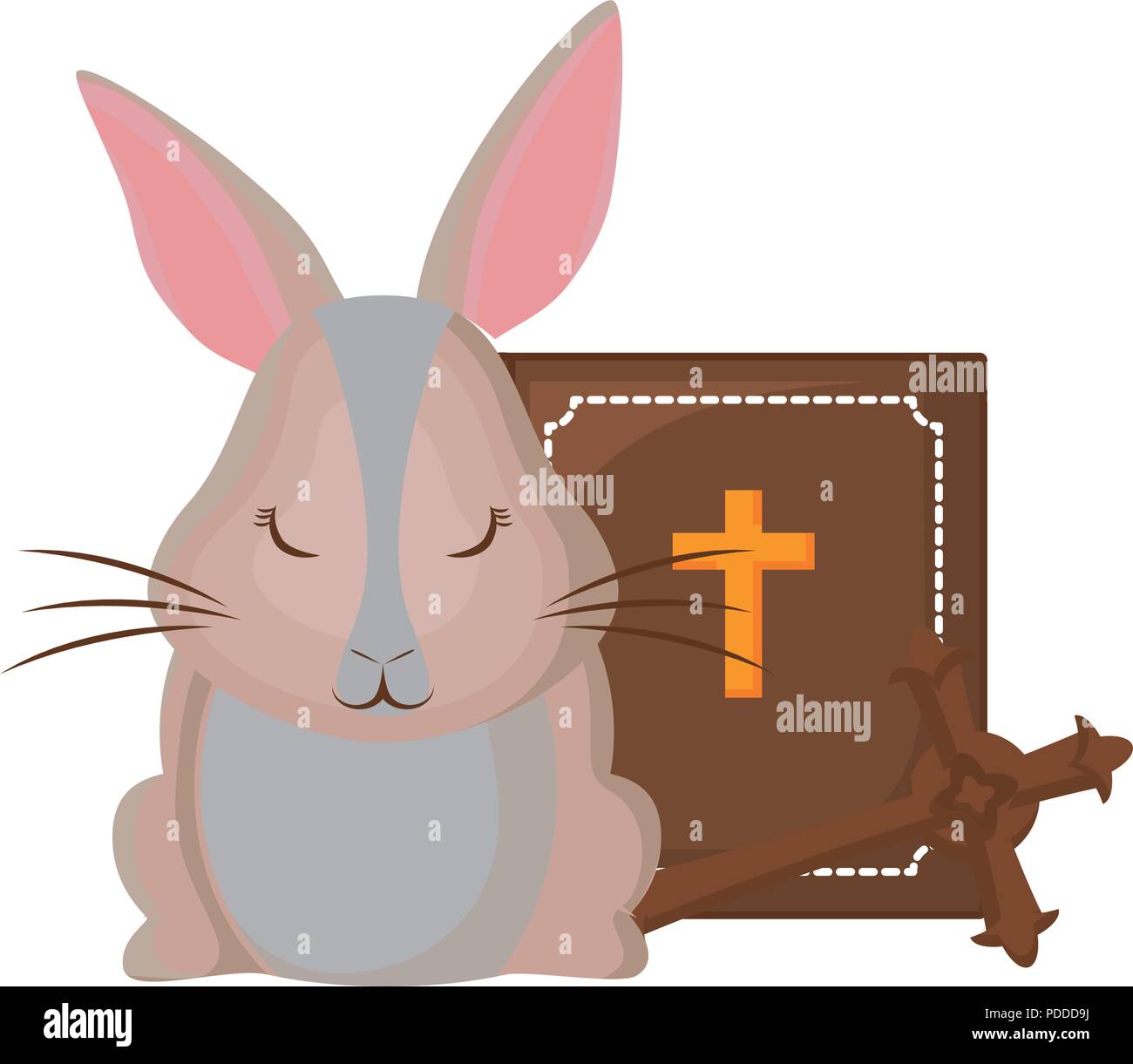 holy bible and cute rabbits with easter eggs over white background