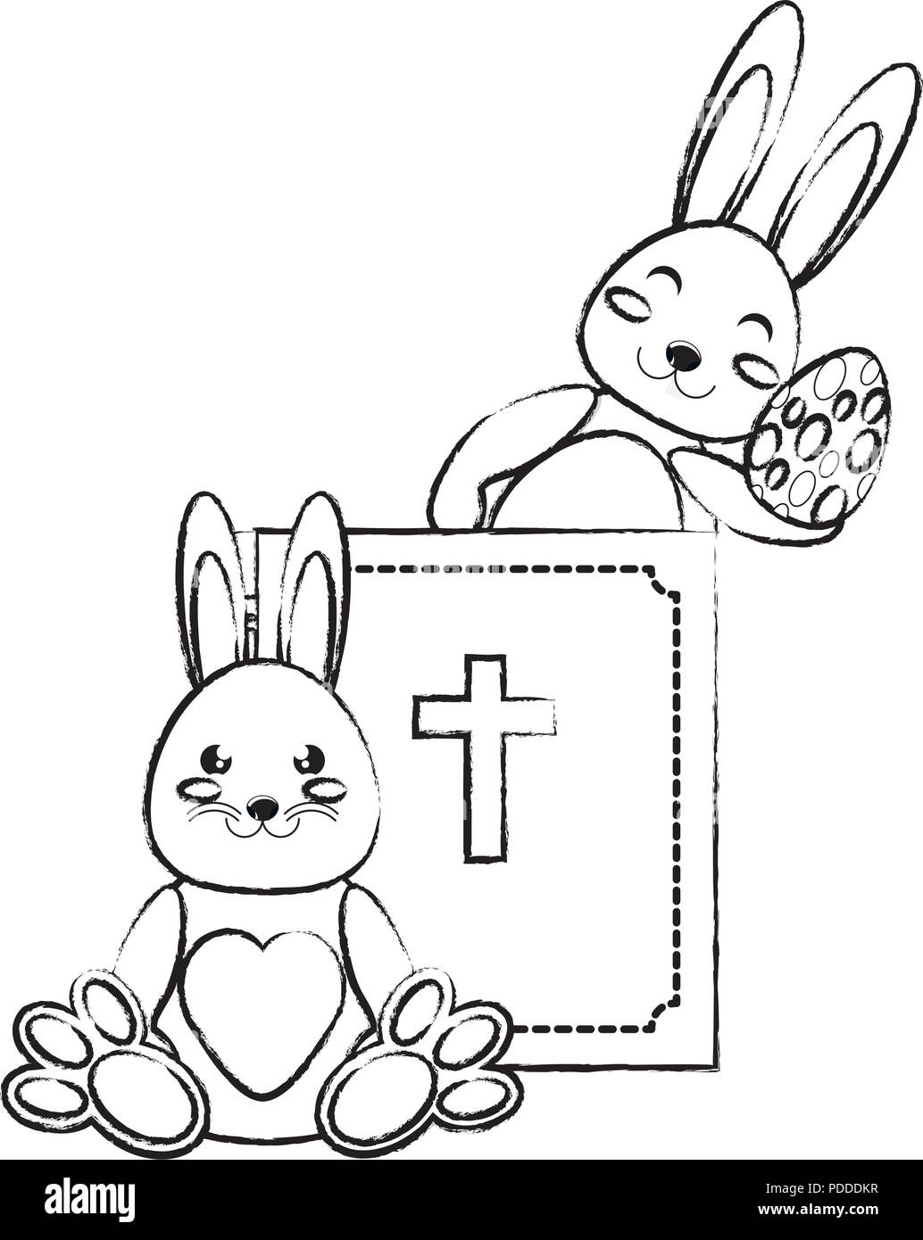 holy bible and cute rabbits with easter eggs over white background ...