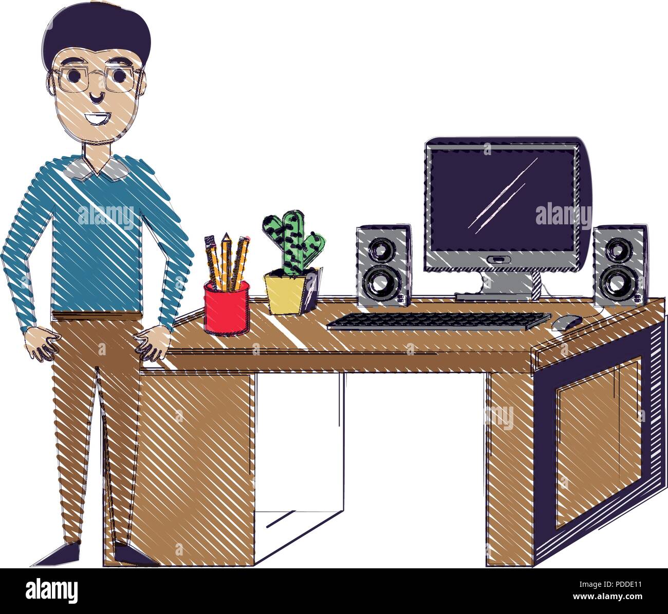 Designer man at the office with desk with computer and decorative objects over white background, vector illustration Stock Vector
