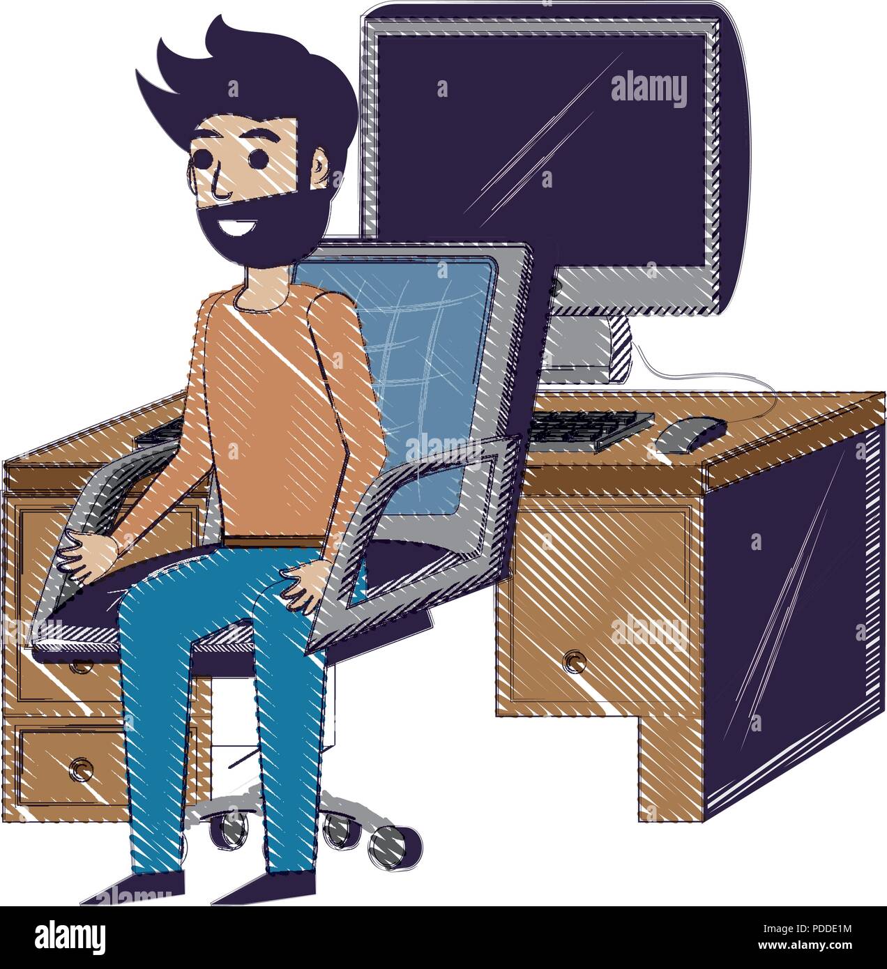 office with designer man sitting on a office chair and computer on the desk, vector illustration Stock Vector