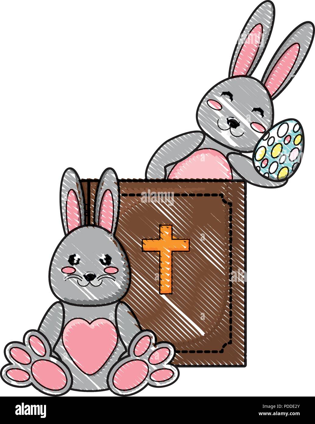 holy bible and cute rabbits with easter eggs over white background