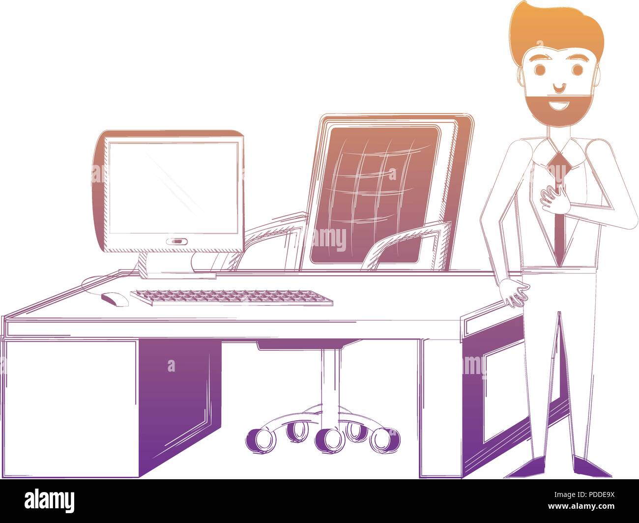 cartoon businessman at the office with desk and chair over white background, vector illustration Stock Vector