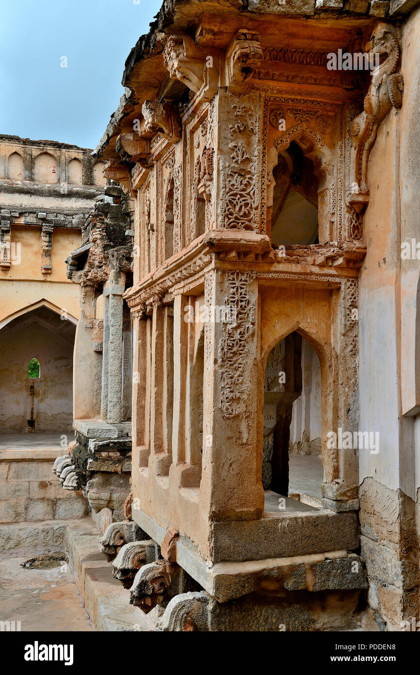 Beautifully carved interior view of Queen's Bath, Hampi, Karnataka