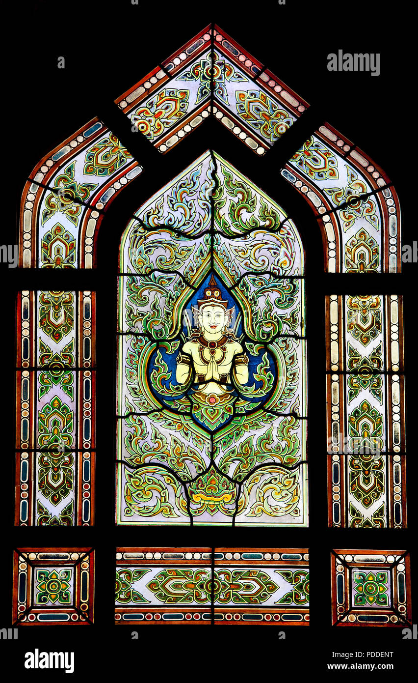 Beautiful stained-glass window in the ancient Buddhist Marble Temple