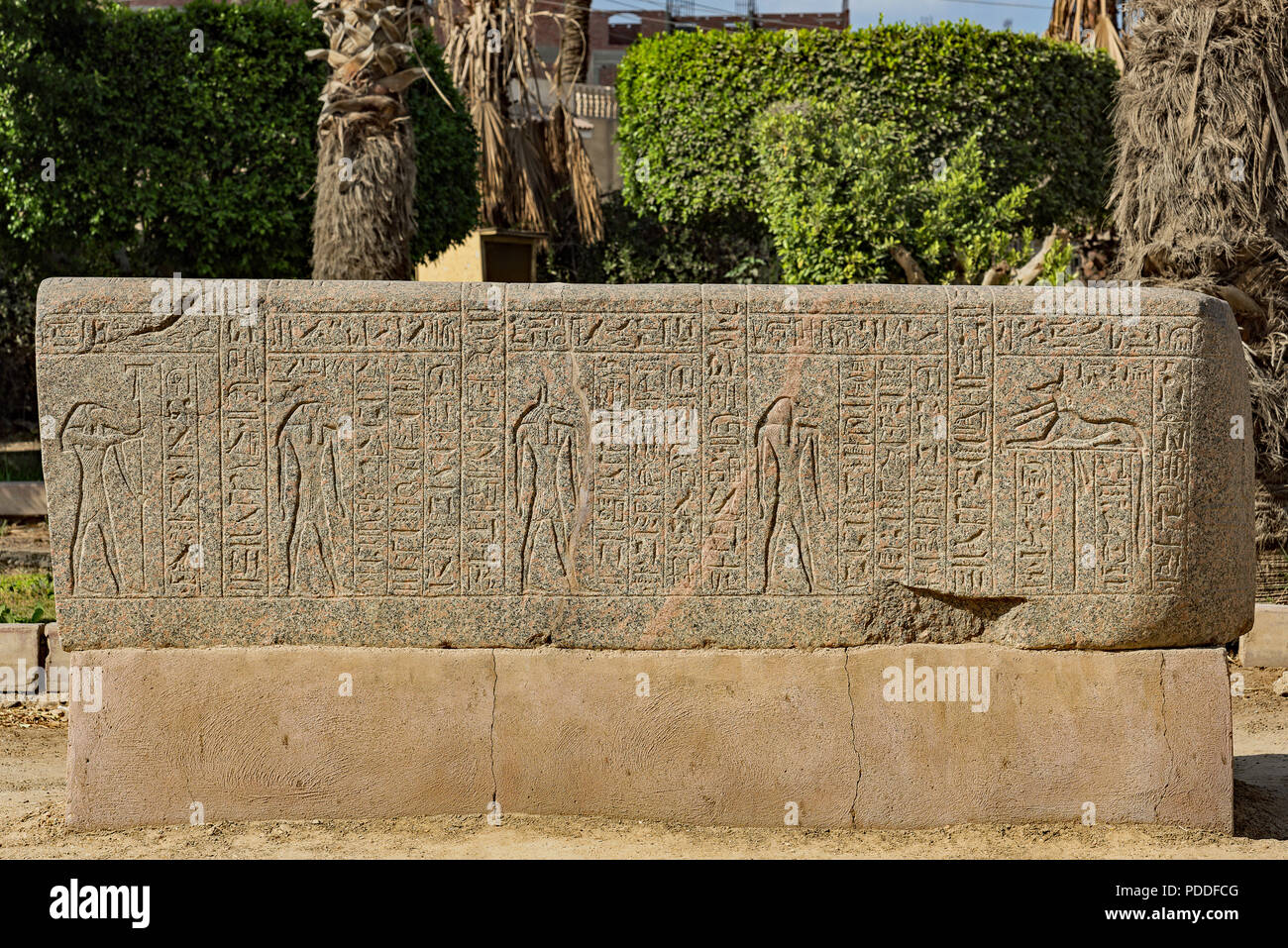 Stone sarcophagus with hieroglyphics in Memphis, Egypt Stock Photo