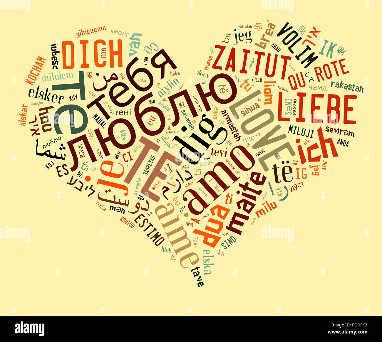 Love and valentine concept wordcloud, text love in different languages in heart shape Stock Photo