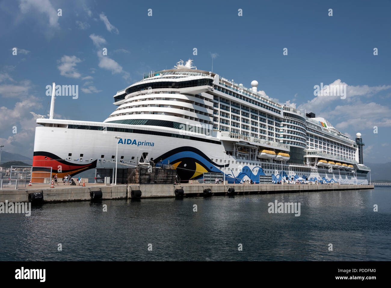 The AIDA prima cruise ship built by Mitsubishi Heavy Industries (MHI)in Japan for the German cruise operator AIDA Cruises in dock at Ajaccio port in A Stock Photo