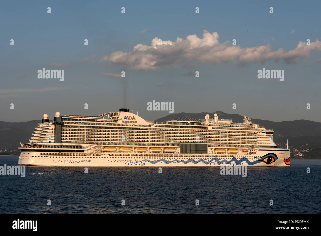 The AIDA prima cruise ship built by Mitsubishi Heavy Industries (MHI)in Japan for the German cruise operator AIDA Cruises leaves Ajaccio port in Ajacc Stock Photo