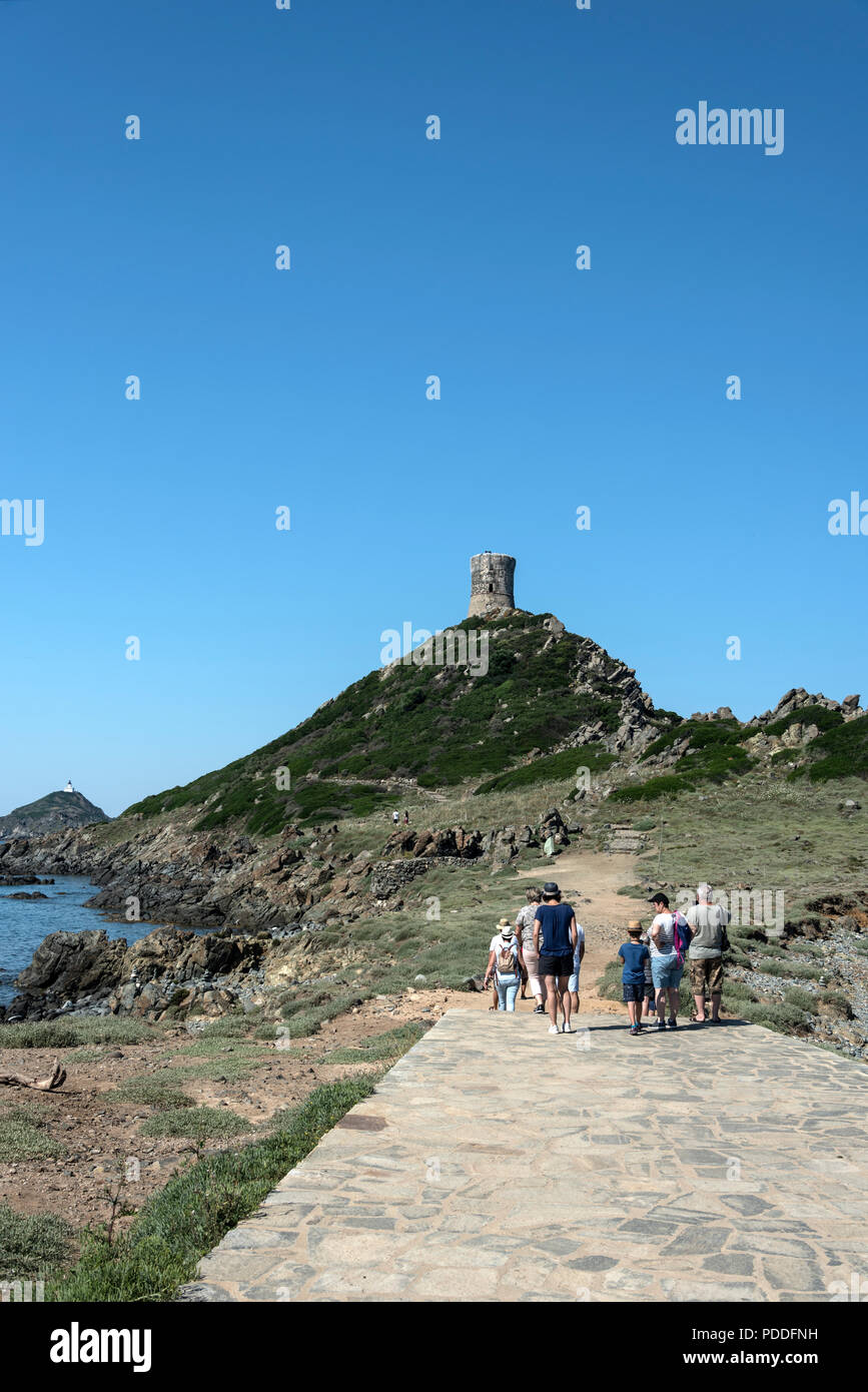 A popular venue for visitors visiting La Pointe de la Parata, ( Point of Parata ) with a Genoese defence watch tower built in the 15th-16th centuries, Stock Photo