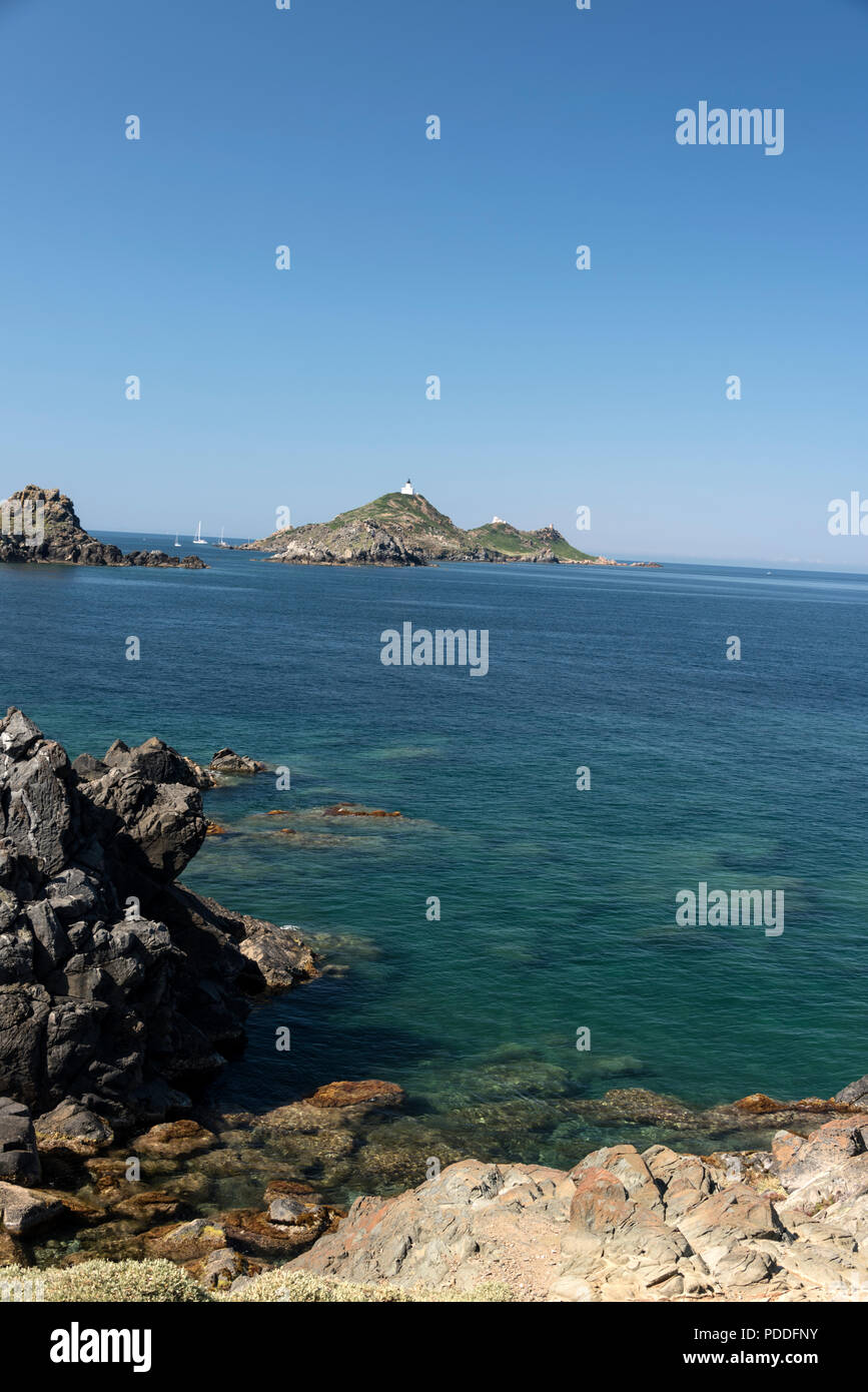 From Pointe de la Parata, ( Point of Parata ) towards Archipel des Sanguinaires (Archipelago of Bloodthirsties), , Ile de Port, Isolotto  and Iles-San Stock Photo