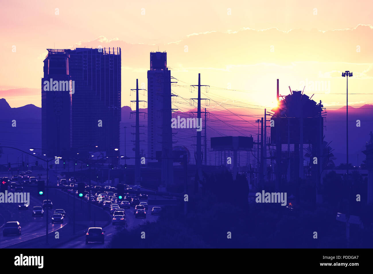 Vintage toned picture of downtown Las Vegas silhouette at sunset, USA. Stock Photo