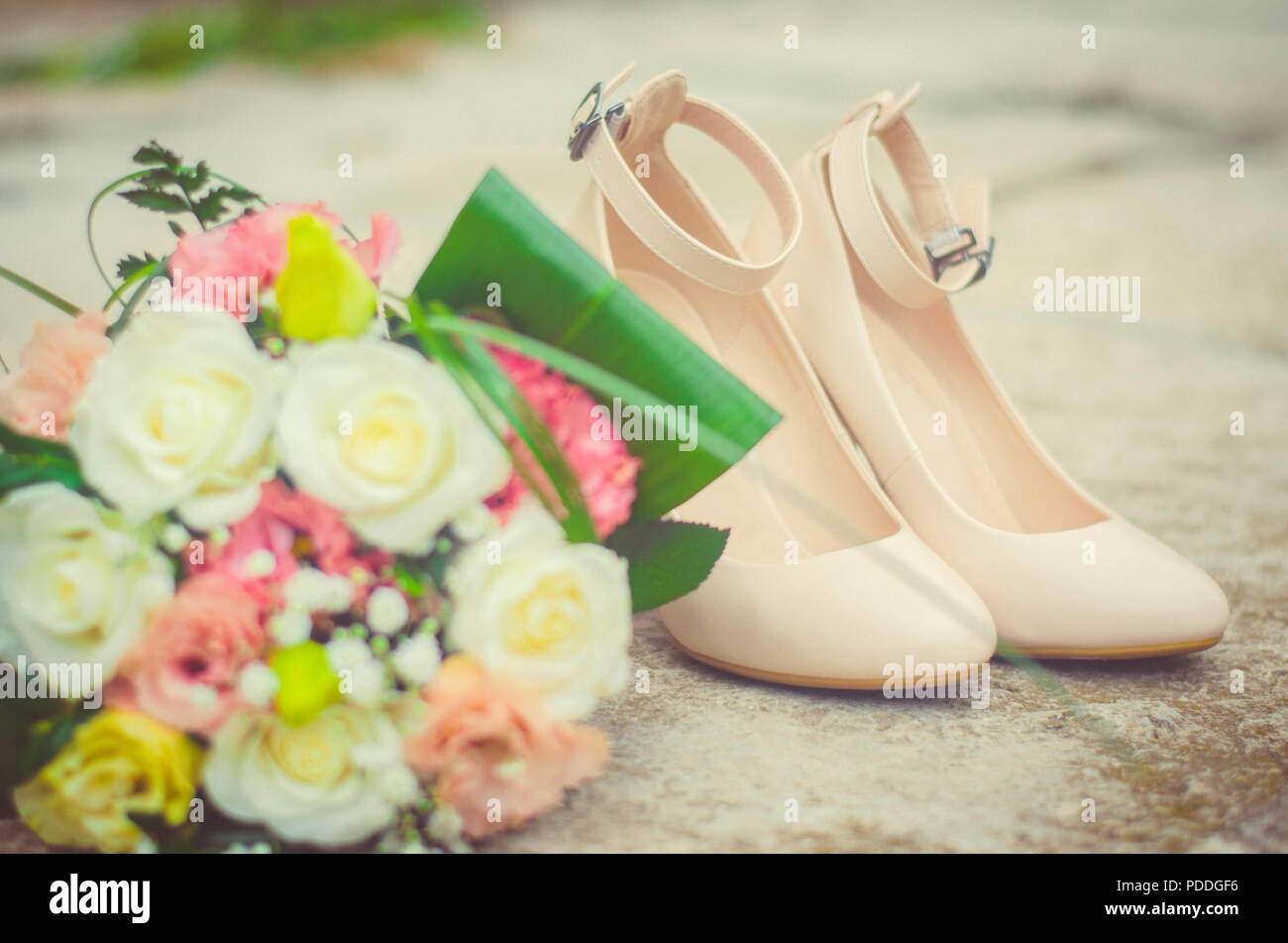 Bridal Bouquet And Shoes Beautiful Wedding Decoration Stock Photo