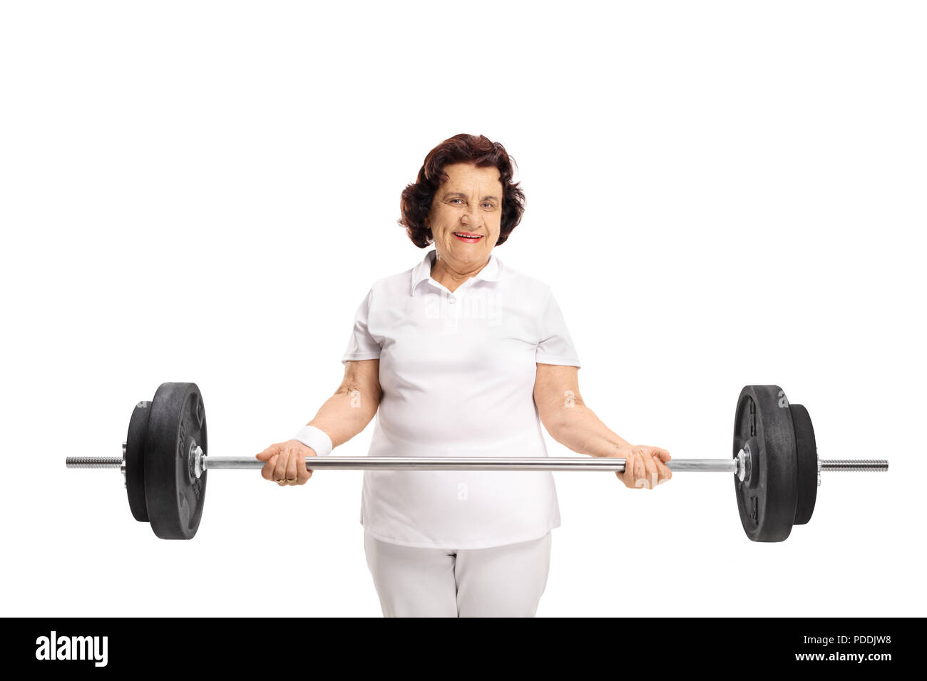 Elderly woman with a barbell isolated on white background Stock Photo
