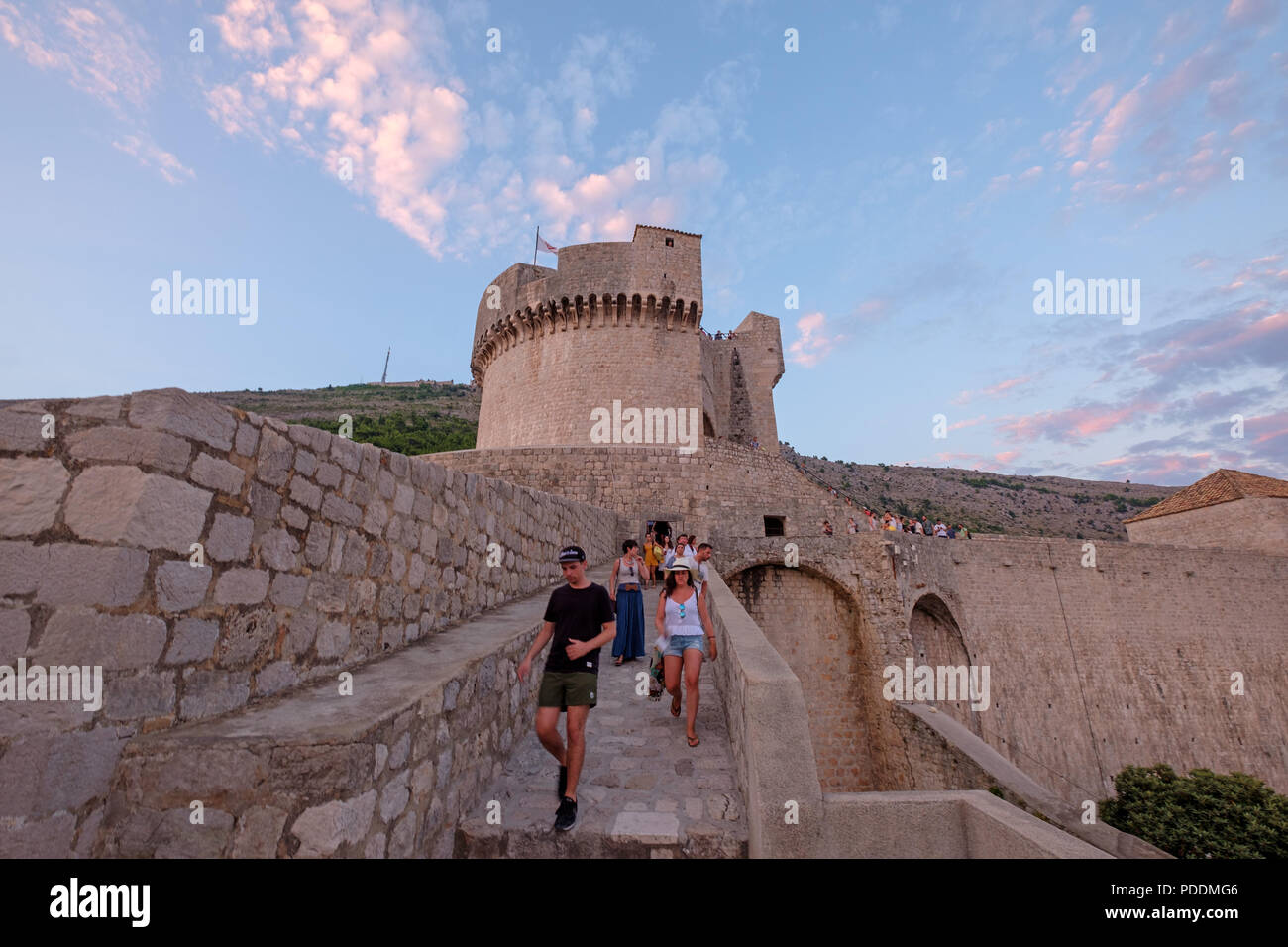 Ancient city walls surrounding old town Dubrovnik, Croatia, Europe Stock Photo