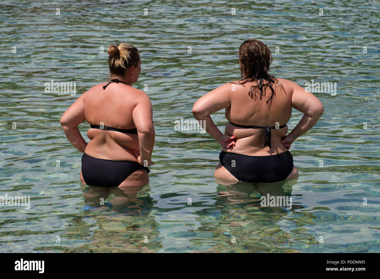 Two overweight women at the beach Stock Photo