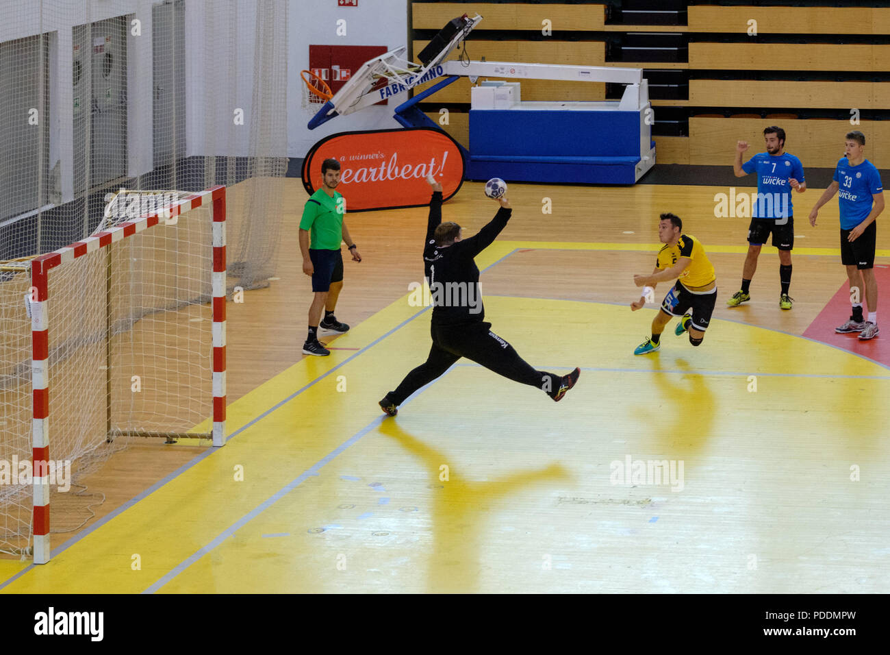 College Handball game between the University of Bochum (Germany) and the Aix-Marseille University (France) during the 2018 European Universities Games Stock Photo