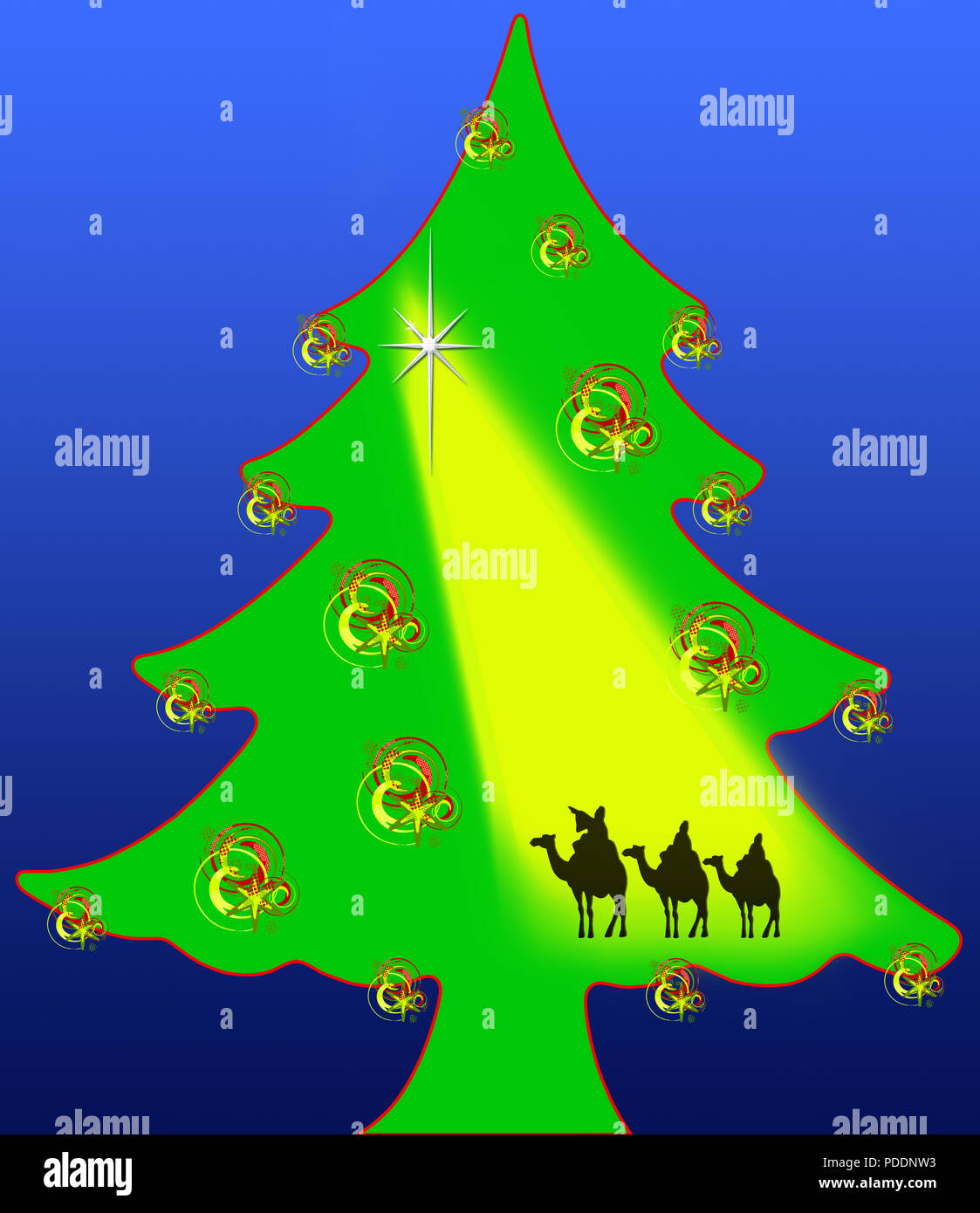 A cutout Christmas tree as a backdrop holds the three wisemen following the Star of Bethlehem. Stock Photo