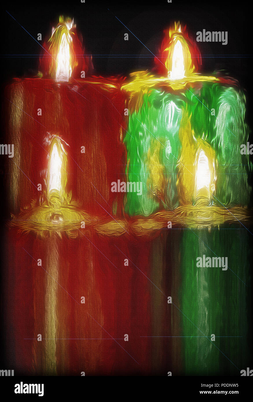 These lighted red, green, silver and gold Christmas candles are illuminated  only by their own light in a darkened room. In the deep darkness they seem  Stock Photo - Alamy