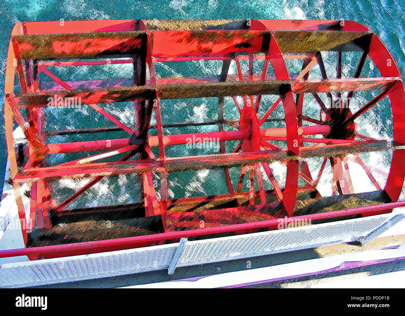 A close-up view of a churning paddle wheel powering a cruise in the 1,000 Island region of Alexandria Bay in upper state New York, USA. The blue, foam Stock Photo